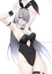  1girl absurdres ak-15_(girls&#039;_frontline) animal_ears arm_strap armpits arms_up ass_visible_through_thighs black_hairband black_leotard breasts cleavage detached_collar fake_animal_ears floating_hair girls&#039;_frontline grey_hair hair_over_one_eye hairband highleg highleg_leotard highres large_breasts leotard long_hair looking_at_viewer parted_lips purple_eyes rabbit_ears shiny shiny_hair simple_background solo strapless strapless_leotard thigh_gap thigh_strap very_long_hair white_background wing_collar wrist_cuffs yanwulazy 
