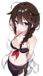  1girl absurdres ahoge bikini blue_eyes braid braided_ponytail breasts brown_bikini brown_hair closed_mouth fathom hair_between_eyes hair_ornament highres jacket kantai_collection looking_at_viewer medium_breasts navel shigure_(kancolle) simple_background smile solo swimsuit white_background white_jacket 