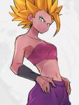  1girl bare_shoulders blonde_hair blue_eyes breasts caulifla closed_mouth collarbone dragon_ball dragon_ball_super grey_background kemachiku looking_at_viewer medium_breasts midriff navel short_hair solo super_saiyan 