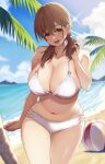  1girl ball beach beachball bikini breasts brown_hair cleavage highres large_breasts looking_at_viewer medium_hair ocean open_mouth original short_twintails standing swimsuit t_bone_(06tbone) twintails wet yellow_eyes 
