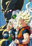  1990s_(style) aqua_eyes blonde_hair blue_bodysuit bodysuit cape cell_(dragon_ball) clenched_hand colored_skin copyright_name dougi dragon_ball dragon_ball_z father_and_son feet_out_of_frame gloves green_skin height_difference lineup male_focus muscular muscular_male namekian non-web_source official_art perfect_cell piccolo pointy_ears profile red_eyes retro_artstyle saiyan saiyan_armor serious short_sleeves son_gohan son_goku spiked_hair standing super_saiyan super_saiyan_1 trunks_(dragon_ball) trunks_(future)_(dragon_ball) turban vegeta white_gloves wristband 