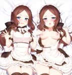  1girl bangs black_bow blue_eyes blush bow breasts brown_hair dakimakura_(medium) fate/grand_order fate_(series) forehead hair_bow highres leonardo_da_vinci_(fate) leonardo_da_vinci_(rider)_(fate) long_hair looking_at_viewer m-da_s-tarou multiple_views parted_bangs ponytail small_breasts thighs 