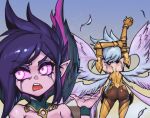  2girls annoyed arms_up ass bangs bare_shoulders colored_sclera from_behind gold_armor grey_hair hand_up kayle_(league_of_legends) league_of_legends morgana_(league_of_legends) multicolored_background multiple_girls open_mouth phantom_ix_row pink_eyes pink_sclera pointy_ears purple_hair shiny shiny_clothes shiny_hair short_hair standing teeth upper_teeth wings wrist_cuffs 
