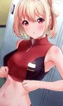  1girl :o absurdres blonde_hair blush breasts dutch_angle hair_ribbon highres large_breasts locker locker_room looking_at_viewer lycoris_recoil navel nishikigi_chisato red_eyes red_ribbon ribbon shirt short_hair sleeveless solo totoki86 track_and_field upper_body zipper_pull_tab 