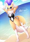  anthro ball bandai_namco beach_ball black_sclera blush breasts canid canine clothed clothing digimon digimon_(species) female fur hi_res hinata_sakamoto inflatable looking_at_viewer mammal one-piece_swimsuit outside renamon seaside smile solo swimwear white_body white_fur yellow_body yellow_fur 