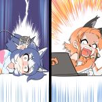  2girls animal_costume animal_ear_fluff animal_ears black_eyes blue_hair caracal_(kemono_friends) caracal_ears closed_mouth computer dire_wolf_(kemono_friends) gloves grey_eyes headphones highres kemono_friends kemono_friends_v_project long_hair mcgunngu microphone multiple_girls necktie open_mouth orange_hair pajamas shirt sleeveless sleeveless_shirt virtual_youtuber wolf_ears wolf_girl 