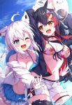  2girls :d ;d absurdres ahoge animal_ear_fluff animal_ears arms_up ball bangs beachball bikini bikini_under_clothes black_hair black_jacket blue_bikini blue_eyes blue_sky blush breasts brown_eyes cleavage cloud commentary_request day fang fox_ears front-tie_top hair_between_eyes hair_ornament hairclip highres holding holding_ball hololive hood hood_down hooded_jacket jacket long_hair long_sleeves masaki_(msk064) medium_breasts multicolored_hair multiple_girls navel one_eye_closed ookami_mio open_clothes open_jacket outdoors puffy_long_sleeves puffy_sleeves red_hair shirakami_fubuki short_shorts shorts sky smile streaked_hair swimsuit transparent very_long_hair virtual_youtuber white_hair white_jacket white_shorts wolf_ears 