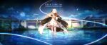  1girl absurdres anniversary azur_lane black_bow black_gloves blonde_hair bow bow_(music) cape closed_eyes copyright_name dress english_text fan_(ariku) floating_hair full_body gloves gold_dress gold_trim hair_bow highres holding holding_instrument instrument long_hair music night night_sky outdoors playing_instrument reflection scabbard sheath sheathed sky solo star_(sky) starry_sky thighhighs two-tone_cape vanguard_(azur_lane) violin wading white_cape white_dress white_thighhighs 