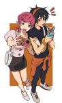  1boy 1girl :d bag bangs black_hair caro_bambino cellphone clothes_around_waist fanny_pack food from_above green_eyes headband highres holding holding_food holding_phone holding_spoon ice_cream jacket jacket_around_waist jojo_no_kimyou_na_bouken lipstick locked_arms long_hair makeup nail_polish narancia_ghirga notice_lines open_mouth outstretched_arm phone pink_hair puffy_short_sleeves puffy_sleeves purple_eyes selfie shoes short_hair short_sleeves shoulder_bag skirt smile sneakers spoon standing standing_on_one_leg strappy_heels sweatband trish_una utensil_in_mouth vento_aureo wafer wristband 