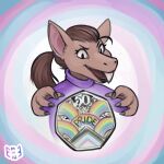  1:1 2022 anthro brown_hair clothing digital_media_(artwork) fangs female hair lgbt_pride mammal miltonholmes out-of-placers ponytail pride_colors purple_clothing purple_shirt purple_topwear shirt smile solo topwear webcomic yinglet 