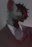  anthro black_body black_fur black_hair black_piercing blep blood bodily_fluids crowlix ear_piercing fur grey_body grey_fur hair hi_res highlights_(coloring) hyaenid licking licking_lips male mammal maroon_suit piercing red_accents red_ears red_eyes red_highlights red_suit teeth_showing tongue tongue_out 
