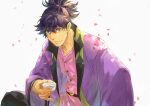  1boy absurdres alcohol black_hair blue_eyes choko_(cup) coat cup facial_hair falling_petals highres long_hair looking_at_viewer male_focus petals ponytail purple_coat raven_(tales) sake sitting smile solo stubble tales_of_(series) tales_of_vesperia tan tchan320 traditional_media white_background 