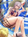  1girl azur_lane bag beach bikini black_choker blurry blurry_foreground breasts cafenami choker cross-laced_bikini cross-laced_clothes day dutch_angle earrings flower foot_out_of_frame from_below grey_hair hair_between_eyes hammock hat hat_flower highres jewelry large_breasts large_hat long_hair looking_at_viewer looking_down manjuu_(azur_lane) ocean official_alternate_costume outdoors palm_tree purple_bag purple_bikini purple_eyes red_flower reno_(azur_lane) reno_(summer_spin-off)_(azur_lane) sandals sitting solo swimsuit tree water 
