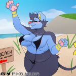  1:1 absurd_res anthro beach big_breasts bikini blush bouncing_breasts breasts clothed clothing collar curvy_female english female hi_res huge_breasts invalid_tag luxio nintendo overweight paws pok&eacute;mon pok&eacute;mon_(species) pup_(puppyluxe) puppyluxe seaside skimpy slightly_chubby smile solo string_bikini swimwear video_games 