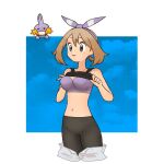  1girl alternate_color bike_shorts bike_shorts_under_shorts blush bow_hairband bra breasts clothes_lift hairband light_brown_hair may_(pokemon) mudkip navel open_mouth pokemon pokemon_(creature) pokemon_(game) pokemon_oras shiny_pokemon shiogi_(riza_49) shirt shirt_lift shorts sleeveless sleeveless_shirt underwear white_shorts 