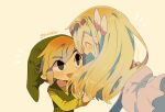  1boy 1girl artist_name back belt blonde_hair blue_eyes blush dress floating_hair gloves green_headwear highres jewelry link long_hair looking_at_viewer multicolored_hair necklace pink_dress princess_zelda short_hair the_legend_of_zelda the_legend_of_zelda:_spirit_tracks the_legend_of_zelda:_the_wind_waker tiara tokuura toon_link toon_zelda 