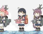  3girls adapted_turret ahoge akebono_(kancolle) animal_on_head apron bell black_hair blue_sailor_collar blue_skirt cannon commentary_request dress flower full_body hair_bell hair_bobbles hair_flower hair_ornament jingle_bell kantai_collection long_hair multiple_girls on_head pink_hair pleated_dress pleated_skirt puffy_short_sleeves puffy_sleeves purple_hair rabbit rabbit_on_head saiguchi_otoufu sailor_collar sazanami_(kancolle) sazanami_kai_(kancolle) school_uniform serafuku short_hair short_sleeves side_ponytail simple_background skirt standing standing_on_liquid turret twintails ushio_(kancolle) very_long_hair waist_apron water white_apron white_background wrist_cuffs yawning 