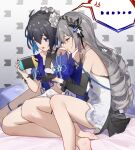  2girls absurdres bangs bare_legs bare_shoulders barefoot blue_eyes blue_hair bronya_zaychik controller dress flower game_controller gloves grey_hair hair_ornament highres holding holding_controller holding_game_controller honkai_(series) honkai_impact_3rd kuo_(kuo114514) multicolored_hair multiple_girls seele_vollerei seele_vollerei_(stygian_nymph) two-tone_hair 