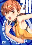  1girl :d armpits bangs bare_arms bare_shoulders blue_swimsuit breasts brown_eyes brown_hair commentary_request cover cover_page hair_between_eyes hand_up looking_at_viewer misaka_mikoto one-piece_swimsuit raika9 small_breasts smile solo swimsuit teeth toaru_kagaku_no_railgun toaru_majutsu_no_index upper_body upper_teeth w 