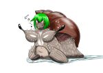  2019 big_breasts bodily_fluids breasts brown_body female gastropod genitals green_hair hair implied_transformation japanese_text mollusk open_mouth pussy saeku_100kei shell simple_background slime snail tears text white_background 