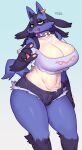  anthro big_breasts biped black_body blue_body breasts clothed clothing ear_piercing fangs female hi_res looking_at_viewer lucario nintendo open_mouth piercing pok&eacute;mon pok&eacute;mon_(species) red_eyes signature simple_background skimpy solo solo_focus sususuigi tan_body thick_thighs video_games 