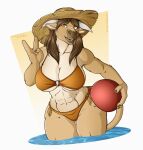  2022 3_fingers abs anthro athletic athletic_anthro athletic_female ball bikini bikini_bottom bikini_top blizzard_entertainment bovid bovine breasts brown_body brown_fur cleavage clothed clothing female fingers fur hair horn mammal navel open_mouth open_smile planktonheretic smile solo standing standing_in_water sun_hat swimwear tan_body tan_fur tauren teeth thick_thighs under_boob video_games warcraft water wynali_(gilneanmoo) 