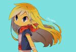  1girl alternate_costume blonde_hair commentary_request hair_down head_tilt jacket long_hair messy_hair neckerchief pointy_ears purple_shirt red_neckerchief shirt signature sleeveless sleeveless_jacket smile solo tan tetra the_legend_of_zelda the_legend_of_zelda:_the_wind_waker tokuura upper_body very_long_hair 