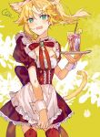  1girl alternate_costume animal_ears apron blush bow bowtie breasts cat_ears cat_tail commentary drinking_straw enmaided fang fate/grand_order fate_(series) food fruit garter_straps green_eyes lemon lemon_slice looking_at_viewer maid maid_apron medium_hair mordred_(fate) red_thighhighs rizu033 skin_fang skirt skirt_tug small_breasts solo symbol-only_commentary tail thighhighs thighs tray wrist_cuffs yellow_background 