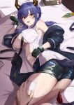  1boy 1girl absurdres arknights ass bangs bare_shoulders belt black_belt black_gloves black_jacket black_shorts blue_hair blush breasts ch&#039;en_(arknights) commission dragon_girl dragon_horns dragon_tail english_commentary fingerless_gloves gloves hair_between_eyes half-closed_eyes hand_on_another&#039;s_thigh highres horns jacket large_breasts long_hair long_sleeves looking_at_viewer low_twintails lying necktie necktie_removed no_bra off_shoulder on_bed on_side open_clothes open_mouth open_shirt out_of_frame purple_eyes qianshui_baodan shirt short_shorts shorts sidelocks sleeveless sleeveless_shirt smile solo_focus sweat tail teeth thighs twintails white_shirt yellow_necktie 