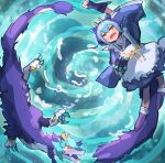  1girl alternate_form apron arm_up blue_hair dragon dragon_girl dragon_horns dragon_tail dragonmaid_nudyarl dress duel_monster floating full_body hatano_kiyoshi highres horns laundry_dragonmaid maid maid_apron multicolored_hair open_mouth parody polymerization purple_hair short_hair tail yellow_eyes yu-gi-oh! 