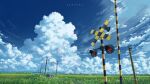  aeuna artist_name bird blue_sky cloud cloudy_sky commentary no_humans original outdoors power_lines railroad_crossing rural scenery sky utility_pole watermark 