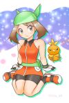  1girl bandana beak bike_shorts blush breasts collared_shirt gloves light_brown_hair may_(pokemon) orange_footwear pokemon pokemon_(creature) pokemon_(game) pokemon_emerald pokemon_rse shiogi_(riza_49) shirt sitting sleeveless sleeveless_shirt torchic twitter_username wristband 