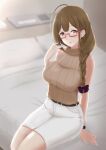  1girl 1mm_(norizo) :o arm_support bangs bed belt blanket bow braid braided_ponytail breasts brown_eyes brown_hair brown_sweater cowlick earrings glasses hair_bow hair_over_shoulder highres hotel_room idolmaster idolmaster_shiny_colors indoors jewelry kuwayama_chiyuki long_hair looking_at_viewer low-tied_long_hair on_bed open_mouth pillow purple_bow ribbed_sweater shirt_tucked_in sidelocks sitting sitting_on_bed skirt sleeveless sleeveless_sweater sweater turtleneck turtleneck_sweater watch white_skirt 