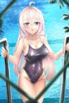  1girl absurdres ahoge black_swimsuit blonde_hair blurry breasts cleavage competition_school_swimsuit covered_navel cowboy_shot depth_of_field grey_eyes highres large_breasts leehong_studio long_hair looking_at_viewer original pool_ladder school_swimsuit solo swimsuit thigh_gap water 