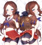  1girl bangs black_bow blue_eyes blush bow breasts brown_hair dakimakura_(medium) fate/grand_order fate_(series) forehead hair_bow highres leonardo_da_vinci_(fate) leonardo_da_vinci_(rider)_(fate) long_hair looking_at_viewer m-da_s-tarou multiple_views parted_bangs ponytail small_breasts thighs 