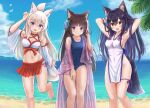  3girls :d absurdres adapted_costume animal animal_ear_fluff animal_ears arm_up armpits arms_behind_head arms_up bangs bare_shoulders barefoot bikini bird black_hair blue_flower blue_sky blue_swimsuit blush breasts brown_eyes cat_ears closed_mouth cloud cloudy_sky collarbone commentary_request covered_navel day detached_sleeves dress fang feet_out_of_frame flower folded_ponytail fox_ears fox_girl fox_tail groin hair_between_eyes hair_flower hair_ornament hairclip hand_up hands_in_hair highres horizon iroha_(iroha_matsurika) koyoi_(iroha_(iroha_matsurika)) kunoichi-chan_(iroha_(iroha_matsurika)) leaning_to_the_side long_hair long_sleeves looking_at_viewer medium_breasts multiple_girls mutsuki_(iroha_(iroha_matsurika)) navel no_panties ocean off_shoulder old_school_swimsuit one-piece_swimsuit original outdoors palm_tree pelvic_curtain pleated_skirt purple_eyes purple_flower red_skirt school_swimsuit sideboob skirt sky sleeveless sleeveless_dress small_breasts smile standing standing_on_one_leg swimsuit tail thighs tree very_long_hair water white_bikini white_dress white_hair white_sleeves wide_sleeves wolf_ears wolf_girl wolf_tail x_hair_ornament 