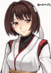 1girl brown_eyes brown_hair headband hyuuga_(kancolle) japanese_clothes kantai_collection looking_at_viewer makun_dx one-hour_drawing_challenge short_hair simple_background solo twitter_username undershirt upper_body white_background white_headband 