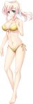  1girl ahoge artwhirl_mahou_gakuen_no_otome-tachi bangs bare_arms bare_legs bikini blue_eyes breasts cleavage closed_mouth collarbone floating_hair front-tie_bikini front-tie_top full_body groin hair_between_eyes hair_ornament hairclip halterneck high_ponytail highres kora_(artwhirl) large_breasts long_hair navel ribbon side-tie_bikini smile solo standing swimsuit transparent_background underboob white_hair yellow_bikini yellow_ribbon yuuki_makoto_(radiant) 