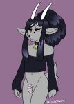  absurd_res anthro black_hair bovid caprine cecildeatrio cecile_(cecildeatrio) chastity_cage chastity_device clothing collar cowbell crop_top dreadlocks goat gynomorph hair hi_res horn intersex mammal piercing shirt simple_background solo topwear 