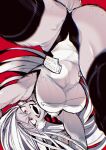  1girl animal_ears boku_no_hero_academia breasts dark-skinned_female dark_skin highres large_breasts leotard long_hair looking_at_viewer mirko open_mouth rabbit_ears rabbit_tail red_background red_eyes simple_background solo tail takatsuki_ichi thighs upside-down white_hair white_leotard 