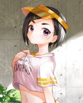  1girl absurdres bangs black_hair blush crop_top highres idolmaster idolmaster_cinderella_girls looking_at_viewer matsuo_chizuru motimotica navel print_shirt shirt solo sweatdrop swept_bangs thick_eyebrows upper_body visor_cap wall 