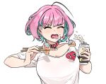  1girl breasts can chopsticks closed_eyes collar earrings fang food food_request highres idolmaster idolmaster_cinderella_girls jewelry locket medium_breasts pendant pill_earrings pink_hair red_collar shirt soda_can solo sushi tongue tongue_out upper_body ushimochi white_background white_shirt x_x yumemi_riamu 