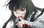  1girl artist_name bangs black_hair blood blood_on_clothes blood_on_face blood_on_hands chainsaw_man chinese_commentary commentary_request finger_to_mouth floating_hair hand_up highres licking_blood licking_lips long_hair long_sleeves looking_at_viewer mitaka_asa portrait red_eyes ringed_eyes san_se_ling_(thelostcity272) scar scar_on_cheek scar_on_face school_uniform serious shirt signature simple_background solo tongue tongue_out war_devil_(chainsaw_man) white_background white_shirt 