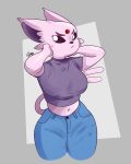  4:5 absurd_res anthro big_breasts breasts clothed clothing digital_media_(artwork) eeveelution espeon female fur hi_res nintendo pink_body pink_fur pok&eacute;mon pok&eacute;mon_(species) rodd.y simple_background solo thick_thighs topwear video_games 