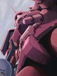  from_below gun gundam highres holding holding_gun holding_weapon looking_down mecha mobile_suit mobile_suit_gundam moroboshi_danshaku no_humans one-eyed open_hand red_eyes robot science_fiction solo weapon zaku_ii_s_char_custom zeon 