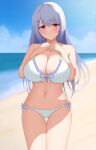  1girl bangs bare_arms beach bikini blue_hair blue_sky blush breasts closed_mouth cloud collarbone commentary_request commission cowboy_shot day hair_ornament hairclip highres horizon large_breasts long_hair looking_at_viewer navel ocean original outdoors red_eyes skeb_commission sky solo standing swimsuit white_bikini yousui 