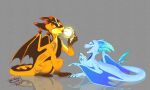  2022 absurd_res blue_body chibi claws digital_media_(artwork) dragon duo electricity eyes_closed female feral hi_res humor ice ice_horn lamp laugh male membrane_(anatomy) membranous_wings open_mouth scales scalie simple_background smile toony wanderertamplior wings yellow_body 