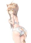 1girl absurdres ahoge animal_ears ass bangs bare_arms bare_shoulders breasts hair_between_eyes highres indie_virtual_youtuber light_brown_hair lion_ears lion_tail long_hair looking_at_viewer luren_dog rurudo_lion simple_background small_breasts solo tail underwear undressing virtual_youtuber white_background yellow_eyes 