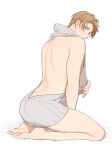  1boy america_(hetalia) ass axis_powers_hetalia bare_back blonde_hair blue_eyes bottomless clothes_pull eyewear_removed littleb623 looking_back male_focus meme_attire nipples pectorals ribbed_sweater sidepec sweater turtleneck turtleneck_sweater virgin_killer_sweater white_background 