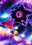  absurdres aura battle commentary crystal dark_nebula galaxy highres holding kirby kirby_(series) kirby_squeak_squad looking_at_viewer monster no_humans platform purple_eyes running sky slit_pupils space star_(sky) star_(symbol) starry_sky suyasuyabi triple_star twitter_username 